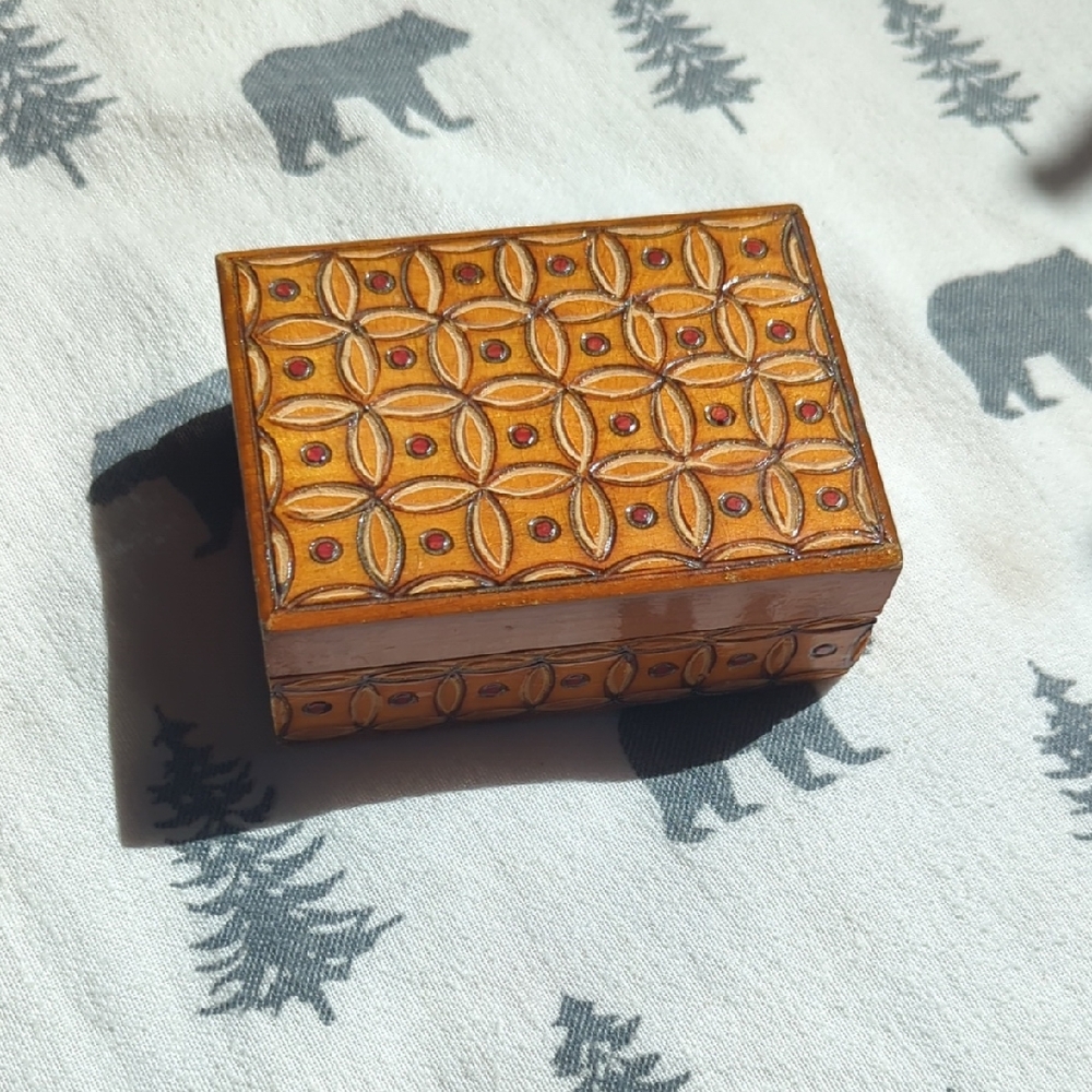 🇵🇱 Vintage Tiny Handmade Polish Wooden Jewelry Box with Intricate Design